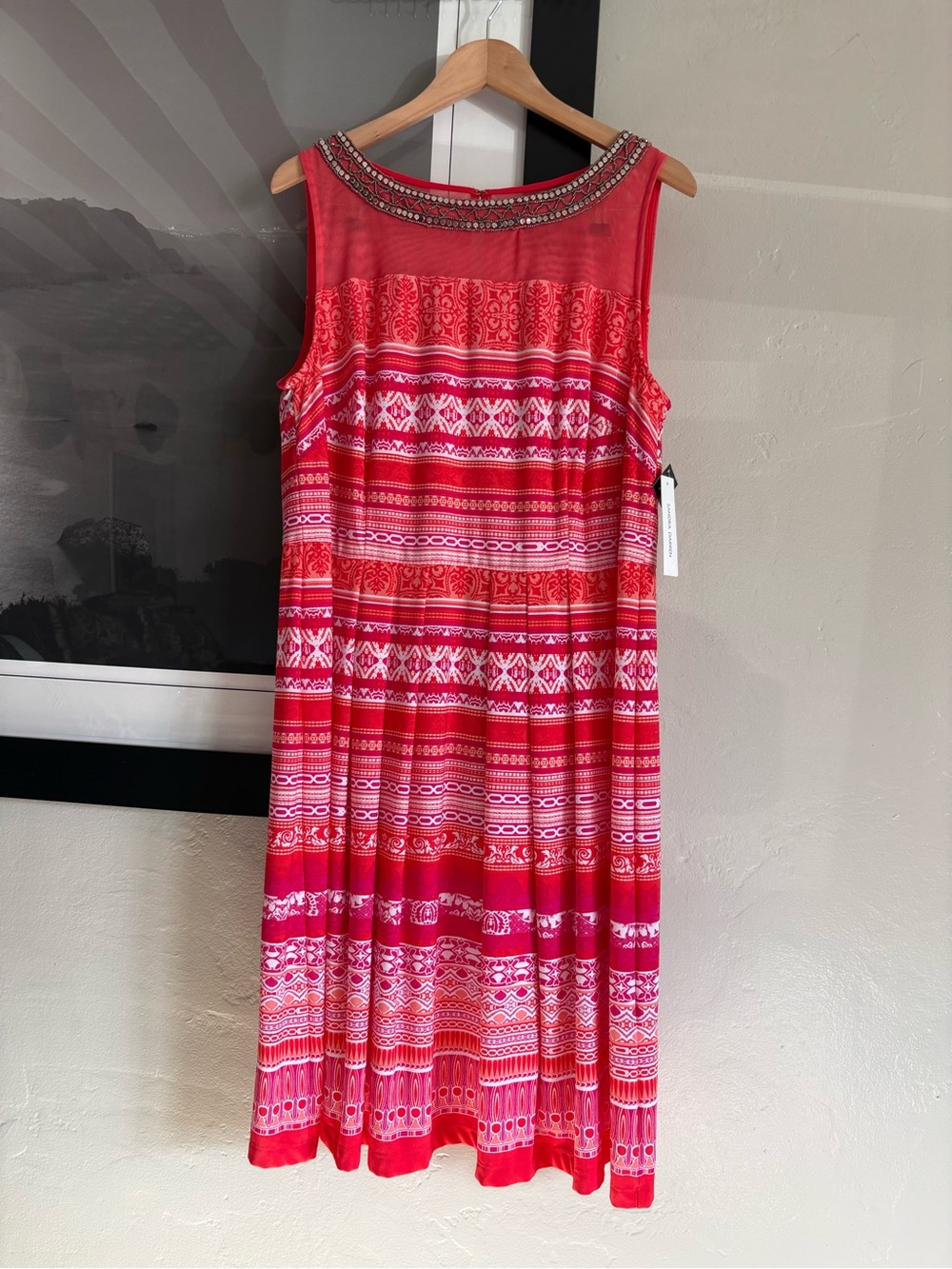 Sleeveless Red Patterned Midi Dress with Embellished Neckline